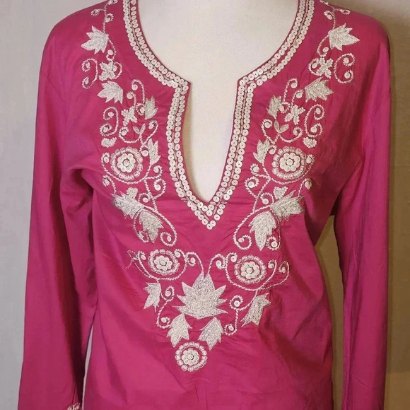 Natori Pink Long Sleeve Boho Sequin/Embroidered Hippie Tunic Top SZ L - Picture 3 of 10